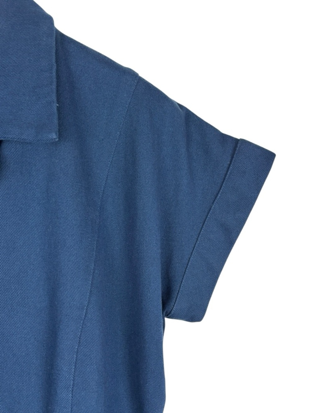 LAROQUE ALY BLUE COTTON TWILL COLLARED BELTED SHORT SLEEVE MIDI DRESS - Picture 12 of 16